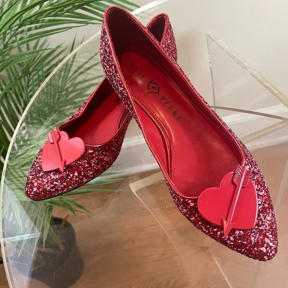 Katy Perry The Cupid Ruby Red & Pink Glitter Metal Heart Ballet Flats Size 7/7.5 - Picture 1 of 16